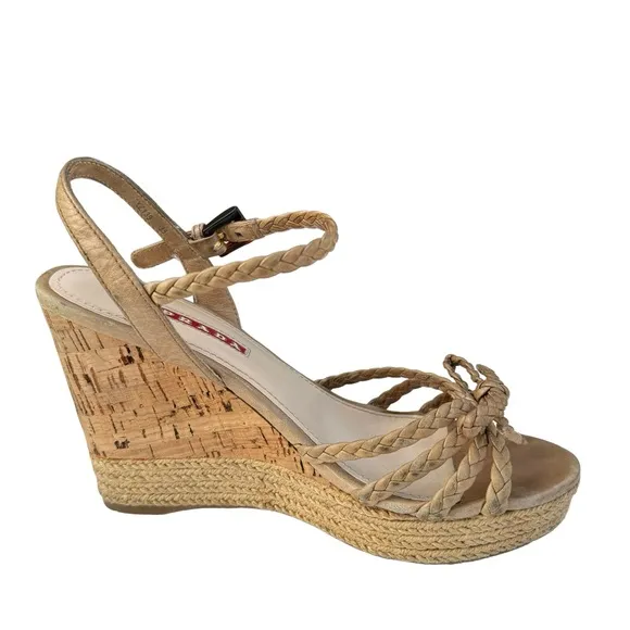 PRADA Beige Woven Leather Bow Detail Strappy Cork Wedge Platform Sandals Womens