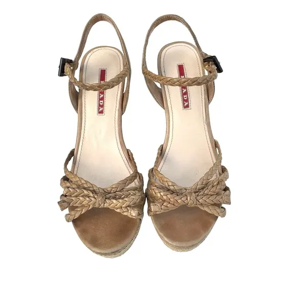 PRADA Beige Woven Leather Bow Detail Strappy Cork Wedge Platform Sandals Womens