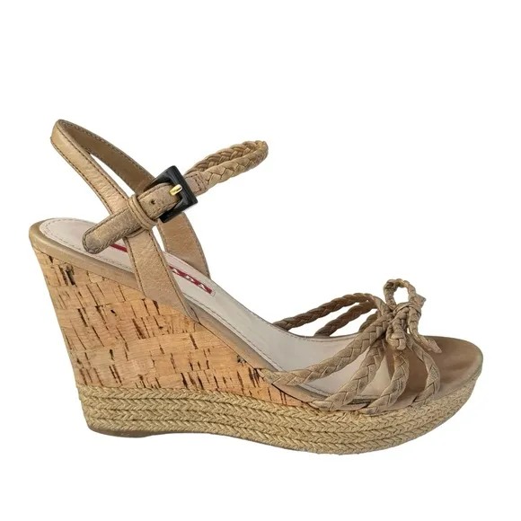 PRADA Beige Woven Leather Bow Detail Strappy Cork Wedge Platform Sandals Womens