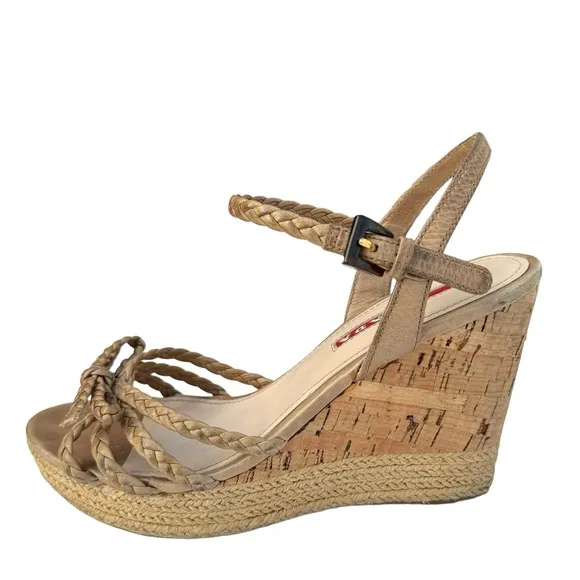 PRADA Beige Woven Leather Bow Detail Strappy Cork Wedge Platform Sandals Womens