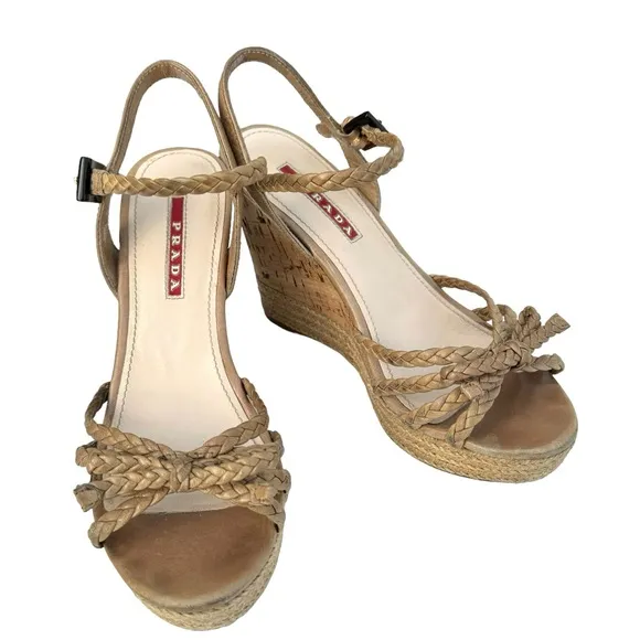 PRADA Beige Woven Leather Bow Detail Strappy Cork Wedge Platform Sandals Womens