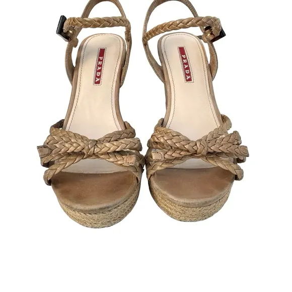 PRADA Beige Woven Leather Bow Detail Strappy Cork Wedge Platform Sandals Womens