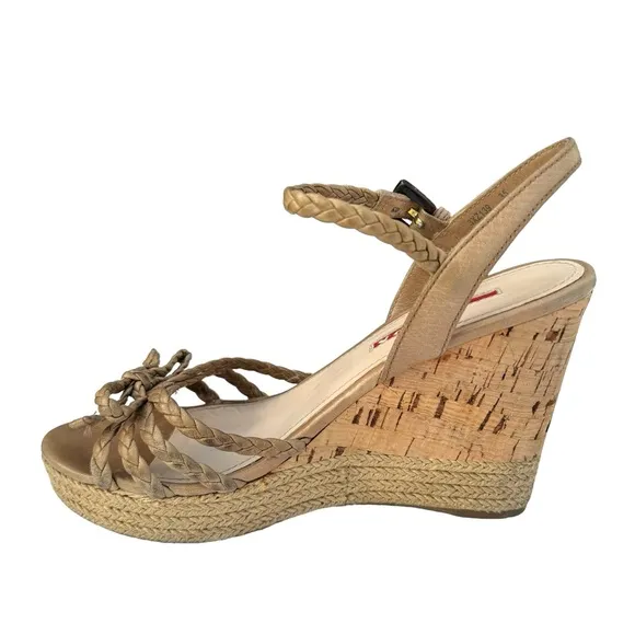 PRADA Beige Woven Leather Bow Detail Strappy Cork Wedge Platform Sandals Womens