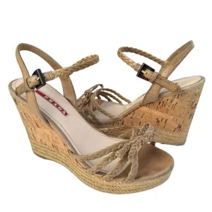 PRADA Beige Woven Leather Bow Detail Strappy Cork Wedge Platform Sandals Womens