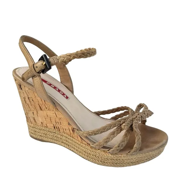 PRADA Beige Woven Leather Bow Detail Strappy Cork Wedge Platform Sandals Womens