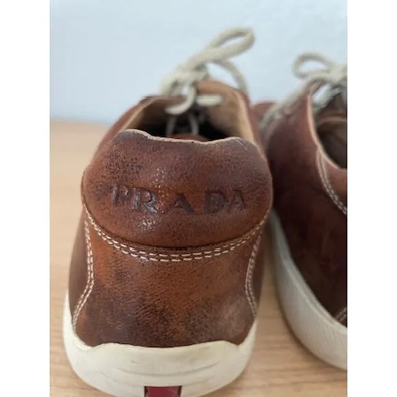 Prada Brown Leather Sneakers Lace up Shoes 9.5