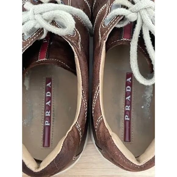 Prada Brown Leather Sneakers Lace up Shoes 9.5
