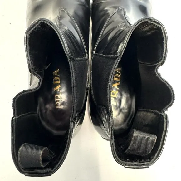 Prada Chelsea Half Boot Shoes Black Leather Pull On Mens US Size 9.5