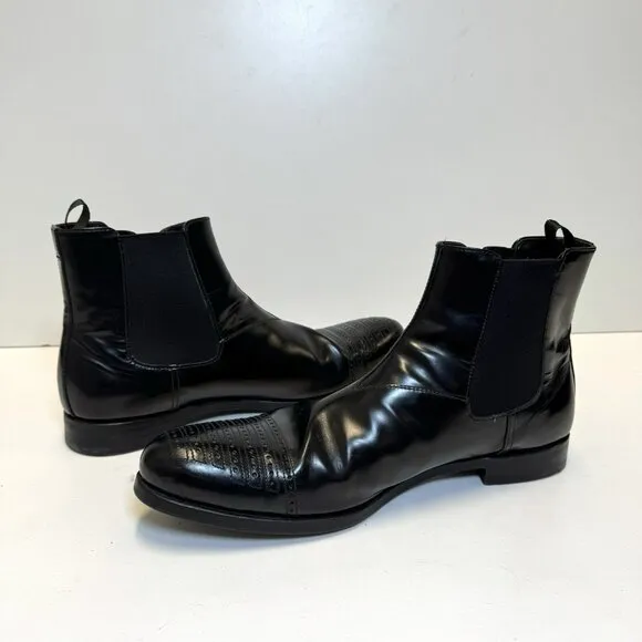 Prada Chelsea Half Boot Shoes Black Leather Pull On Mens US Size 9.5