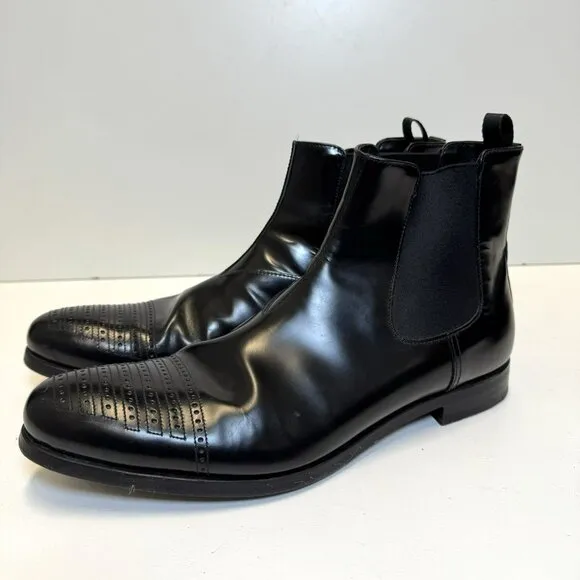 Prada Chelsea Half Boot Shoes Black Leather Pull On Mens US Size 9.5