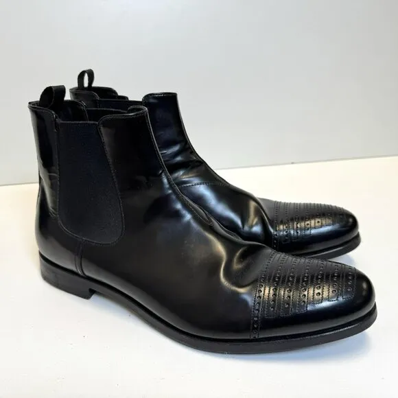 Prada Chelsea Half Boot Shoes Black Leather Pull On Mens US Size 9.5