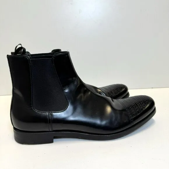 Prada Chelsea Half Boot Shoes Black Leather Pull On Mens US Size 9.5