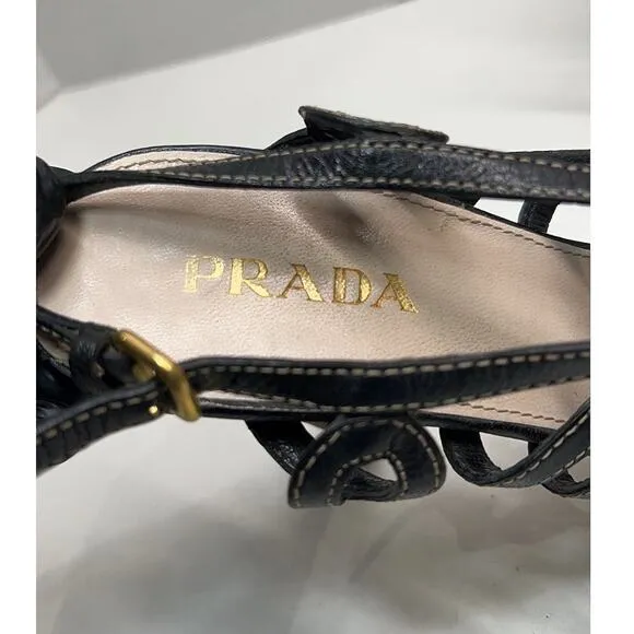 PRADA Floral Lattice Black Leather Wood Heels Slingback Shoe EU 39