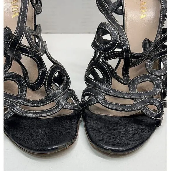 PRADA Floral Lattice Black Leather Wood Heels Slingback Shoe EU 39