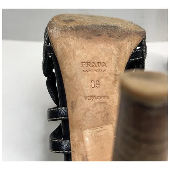 PRADA Floral Lattice Black Leather Wood Heels Slingback Shoe EU 39