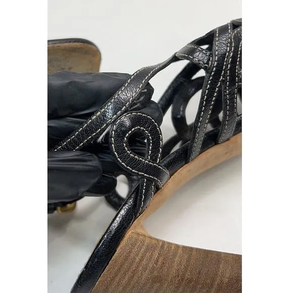 PRADA Floral Lattice Black Leather Wood Heels Slingback Shoe EU 39