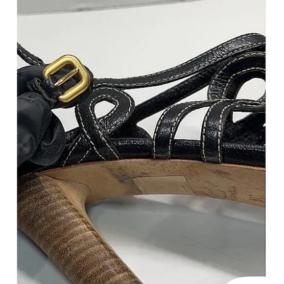 PRADA Floral Lattice Black Leather Wood Heels Slingback Shoe EU 39
