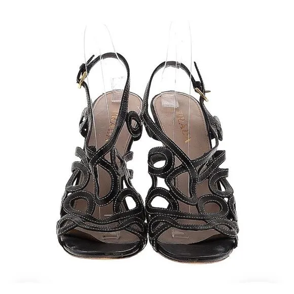 PRADA Floral Lattice Black Leather Wood Heels Slingback Shoe EU 39