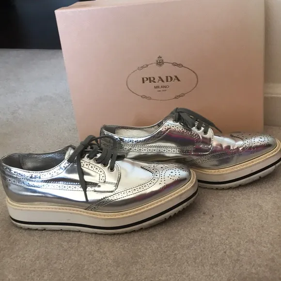 Prada Leather laced Derby shoes in silver