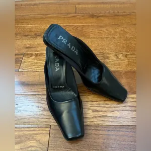 PRADA Leather mules Black Square Toe Leather Shoes Sz 37 US 6 No Box.