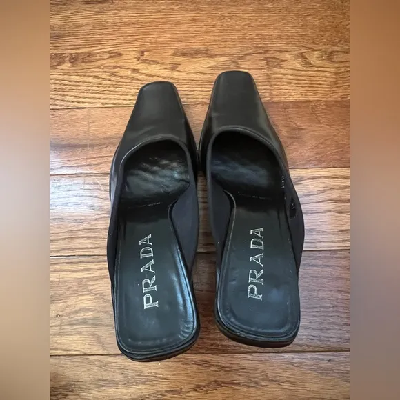 PRADA Leather mules Black Square Toe Leather Shoes Sz 37 US 6 No Box.