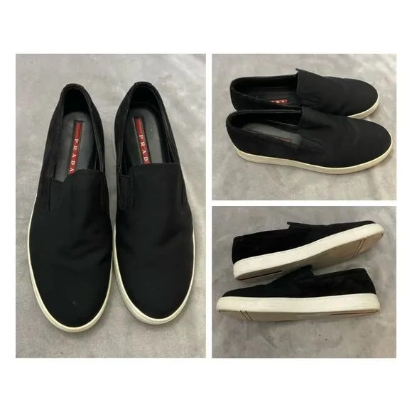 Prada Men's Black Suede Canvas Slip-On Sneaker Shoes Size 8