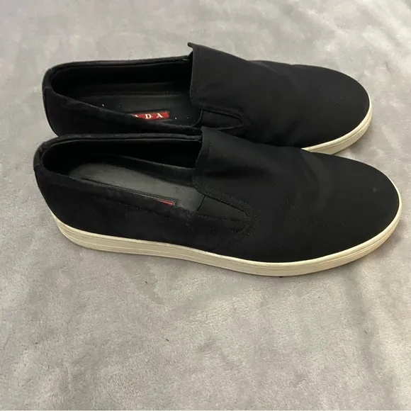 Prada Men's Black Suede Canvas Slip-On Sneaker Shoes Size 8