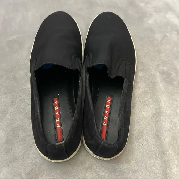 Prada Men's Black Suede Canvas Slip-On Sneaker Shoes Size 8
