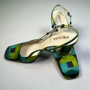 PRADA-SIZE 9.5 or 40 VINTAGE SATIN /LEATHER ABSTRACT GREEN SLINGBACK HEELS