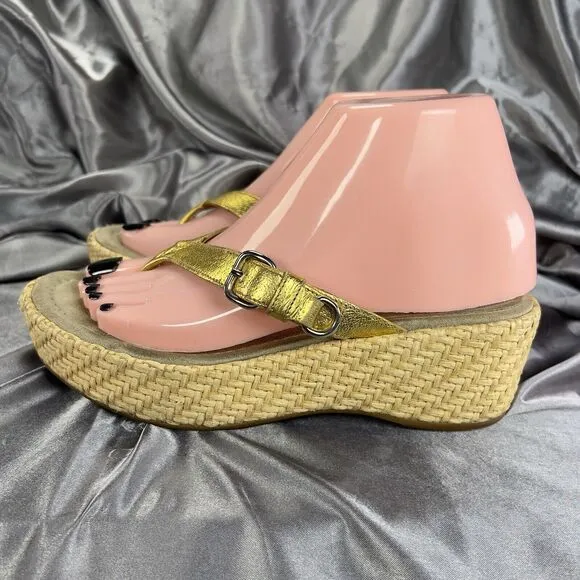 Prada Slides Thongs Wedge Platform Gold Sandal Shoes EU 36.5/US 6 Straw Raffia