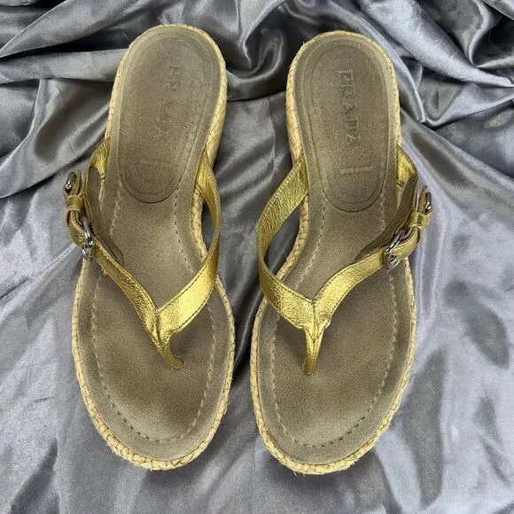 Prada Slides Thongs Wedge Platform Gold Sandal Shoes EU 36.5/US 6 Straw Raffia