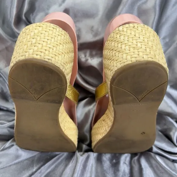 Prada Slides Thongs Wedge Platform Gold Sandal Shoes EU 36.5/US 6 Straw Raffia