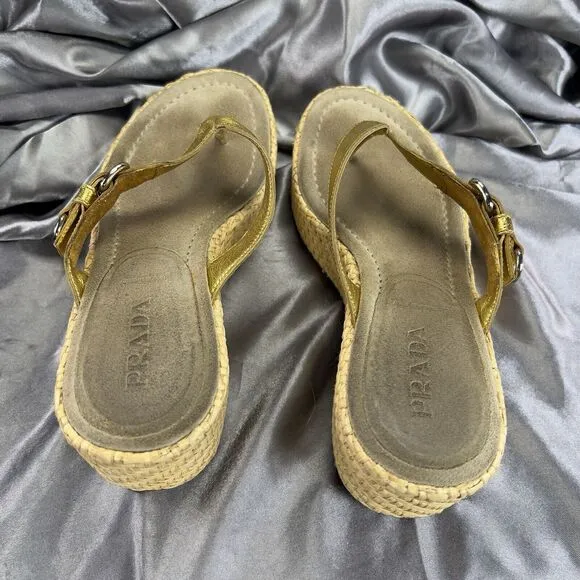 Prada Slides Thongs Wedge Platform Gold Sandal Shoes EU 36.5/US 6 Straw Raffia