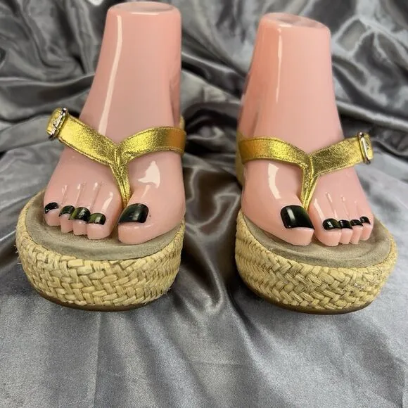 Prada Slides Thongs Wedge Platform Gold Sandal Shoes EU 36.5/US 6 Straw Raffia