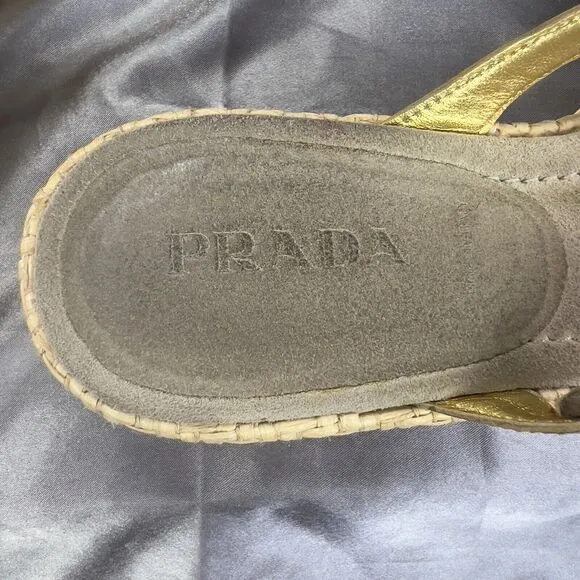 Prada Slides Thongs Wedge Platform Gold Sandal Shoes EU 36.5/US 6 Straw Raffia