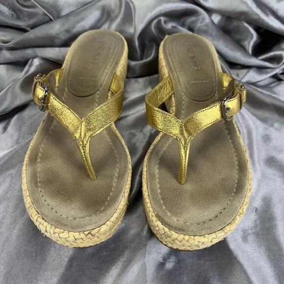 Prada Slides Thongs Wedge Platform Gold Sandal Shoes EU 36.5/US 6 Straw Raffia