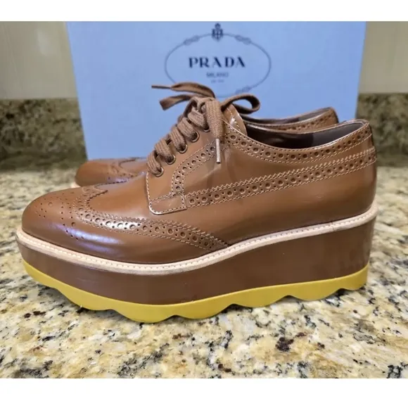 Prada Spazzolato Colo Platform Oxford Shoes Brown size 36 (US 5.5) Box Included