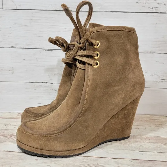 Prada Tan Suede lace-up wedge boots EU 39
