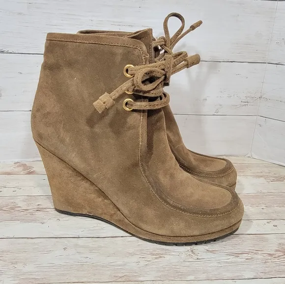 Prada Tan Suede lace-up wedge boots EU 39