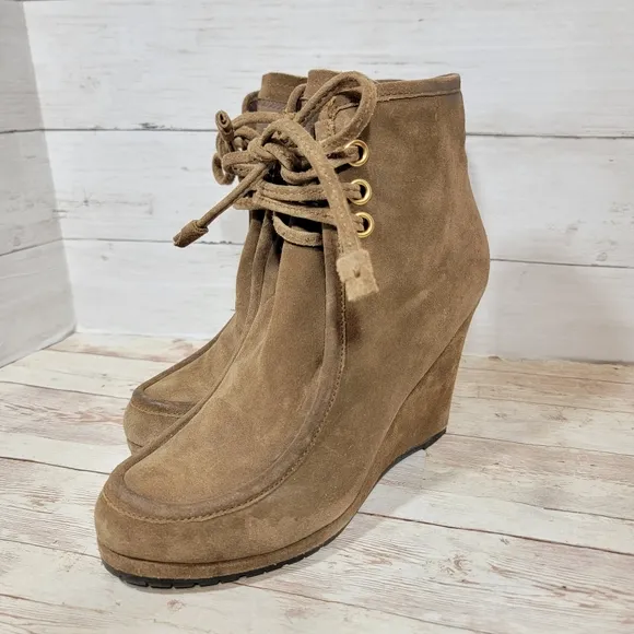 Prada Tan Suede lace-up wedge boots EU 39