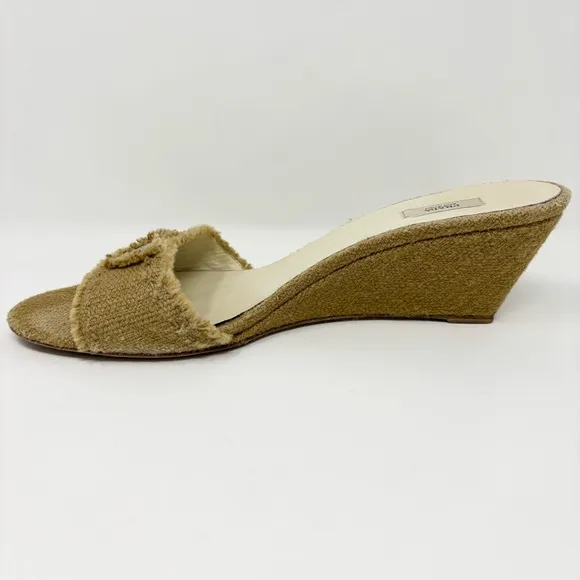 PRADA Triangle Logo Woven Jute Wedge Sandals in Natural Tan Size 40