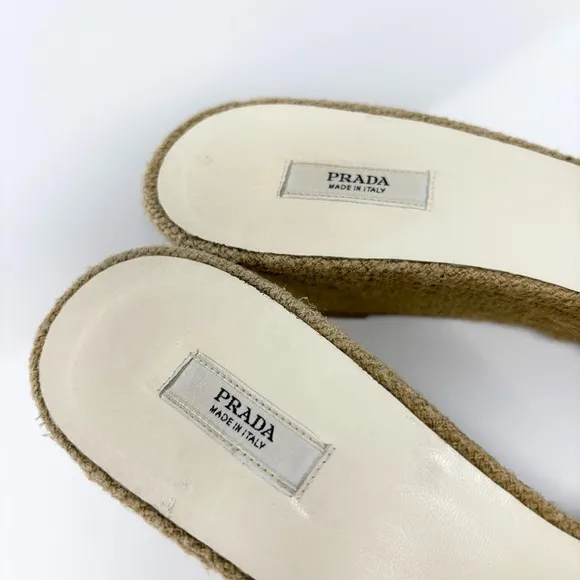 PRADA Triangle Logo Woven Jute Wedge Sandals in Natural Tan Size 40