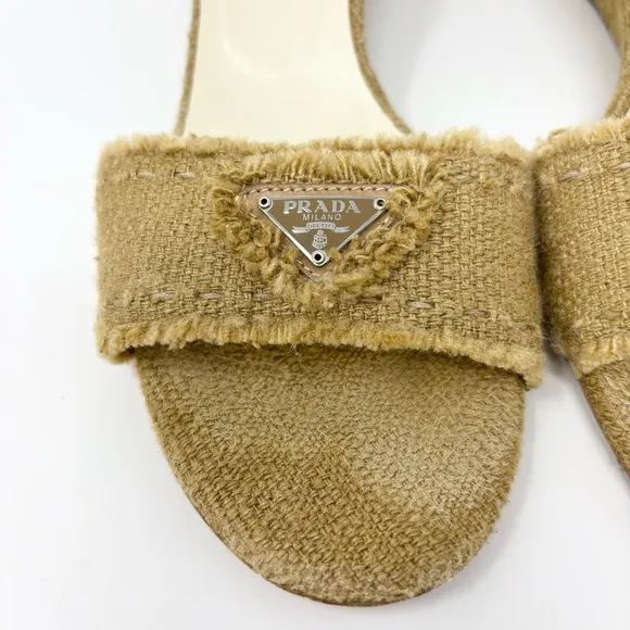 PRADA Triangle Logo Woven Jute Wedge Sandals in Natural Tan Size 40