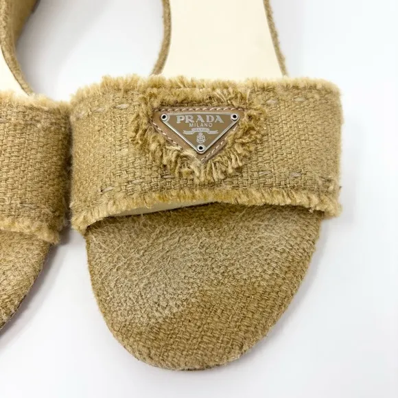 PRADA Triangle Logo Woven Jute Wedge Sandals in Natural Tan Size 40