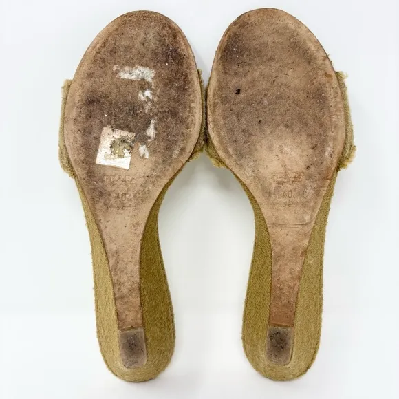 PRADA Triangle Logo Woven Jute Wedge Sandals in Natural Tan Size 40