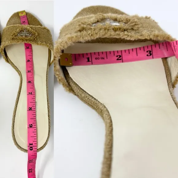 PRADA Triangle Logo Woven Jute Wedge Sandals in Natural Tan Size 40