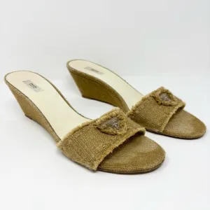 PRADA Triangle Logo Woven Jute Wedge Sandals in Natural Tan Size 40