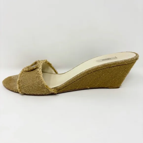 PRADA Triangle Logo Woven Jute Wedge Sandals in Natural Tan Size 40