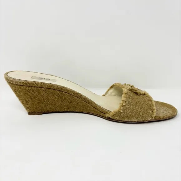 PRADA Triangle Logo Woven Jute Wedge Sandals in Natural Tan Size 40