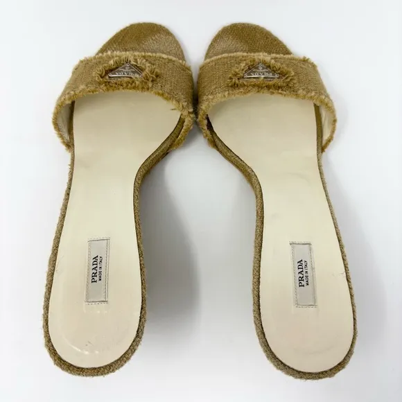 PRADA Triangle Logo Woven Jute Wedge Sandals in Natural Tan Size 40